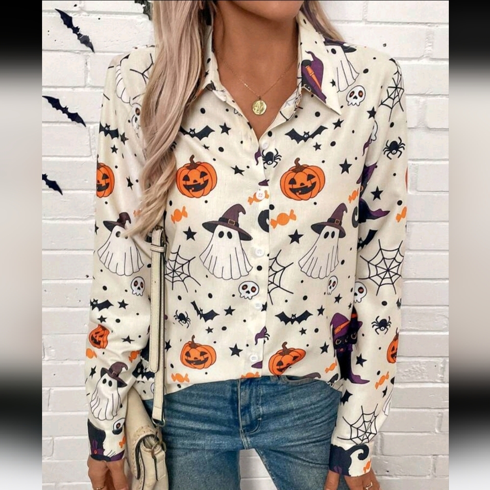 Women Halloween Print Button Down Long Sleeve Autumn Shirt Blouse Fall Clothing - Picture 1 of 5
